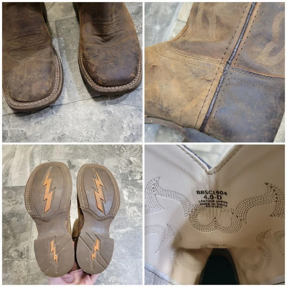 Western Cowboy Boots Brown Oiled Leather Distressed‎ Square Toe Kids 4D